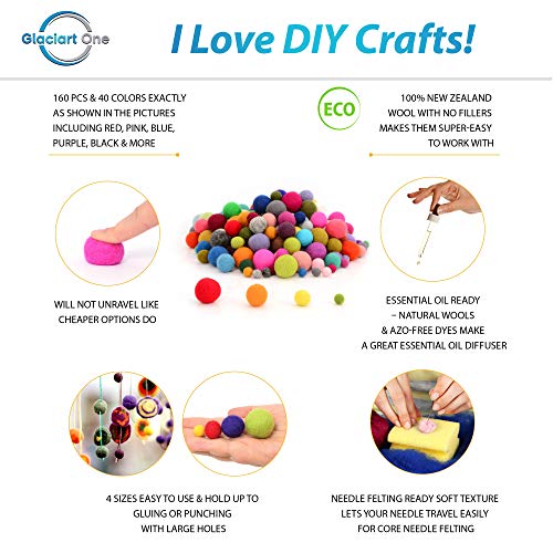 Image of Glaciart One Felt Pom Poms, Wool Balls (160 Pcs) 4 Sizes: 1 cm, 1.5 cm, 2 cm & 2.5 cm, Handmade Felted 40 Color (Red, Pink, Blue, Yellow, White, Pastel & More),Bulk Small Puff for Felting & Garland