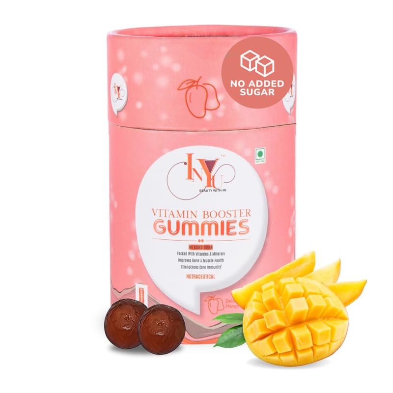 INYU Vitamin Booster Gummies — 30 Days Pack | No Added Sugar | with Vitamin D, A, C, E, B Complex, Folic Acid | Mango Flavor | Supports Immunity, Digestion & Energy | for Women & Men