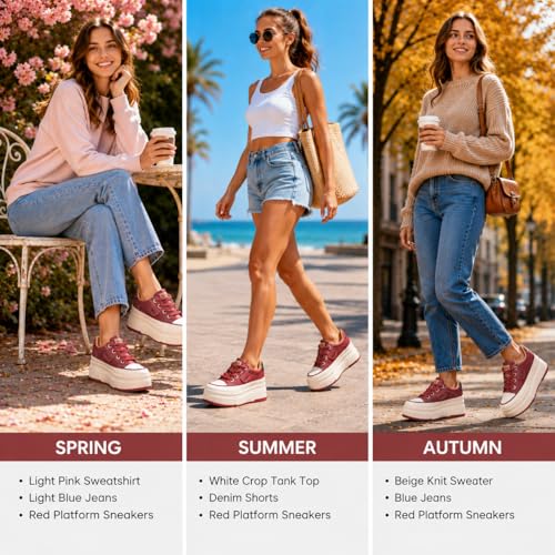 Image of Platform Sneakers For Women - (3 inch-3.5 inch )6cm Heel & 3cm Inner Lift, Comfortable Cushioned Arch Support, Non-Slip Casual Walking Shoes, Microfiber Leather Platform Shoes White Black Red Yellow