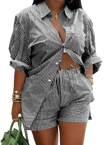 Ulovmi 2 Piece Sets For Women Summer Striped Lounge Button Down Shirts And Shorts Sets Beach Matching Clothing Fall Outfits Black XL