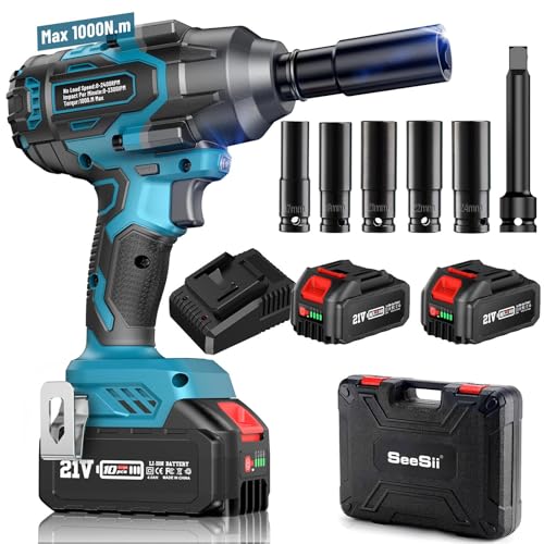 Seesii 1000N.m(740ft-lbs) Cordless Impact Wrench, 1/2 High Torque Impact Gun w/ 2 x 4.0Ah Batteries, Fast Charger & 5 Sockets, Electric Impact Variable Speeds for Car Truck Mower