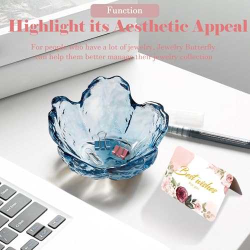 Image of Binoster Blue Flower Glass Ring Dish Jewelry Tray Ring Holder Dish Cute Room Decor Vanity Organizer for Nightstand or Bathroom Aesthetic Trinket Dish Gift for Wife Mom Daughter