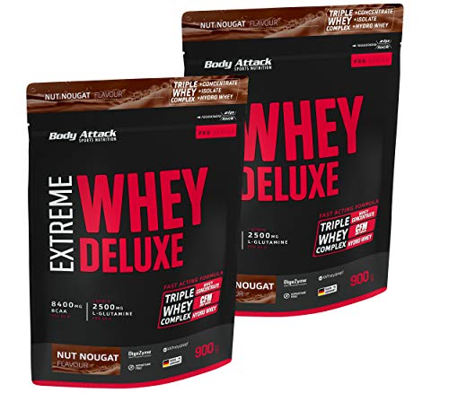 Body Attack Extreme Whey Deluxe, Eiweißpulver mit Aminosäuren, Triple-Whey-Complex, CFM Whey Isolate, perfekt lösliches Protein-Pulver, fettarm, zuckerarm, Made in Germany, Nut Nougat -Cream, 2x900g