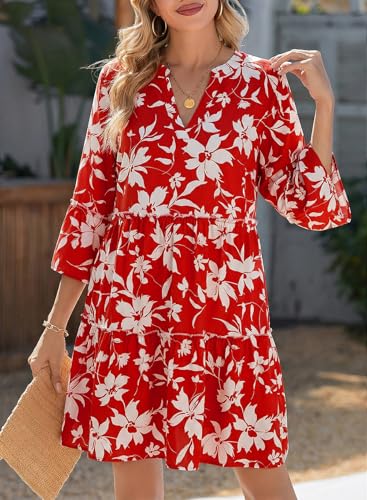 Dokotoo Summer Dresses for Women 2026 Casual V Neck Babydoll Mini Short Dress 3/4 Sleeve Floral Print Boho Vacation Dresses Sundress Beach Cruise Outfits Red Dress for Women Small — view 3