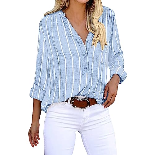 Camisa a rayas de manga larga con estampado simple de moda para mujer, azul, XL