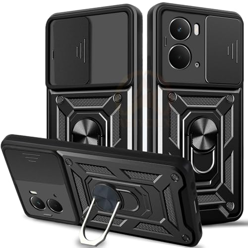 Image of Armor Bumper Back Cover Case for Realme P3 5G Rotating Camera Cover, Ring Holder & Kickstand | Heavy Duty & 360 Degree Protection Realme P3 5G Back Cover (Black)