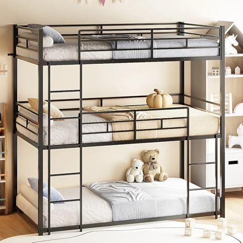 JOYMOR Triple Bunk Bed Twin Over Twin Over Twin Metal 3 Bunk Bed for Kids Teens and Adults Heavy Duty Triple Bed Frame with Safety Guardrail No Box Spring Needed
