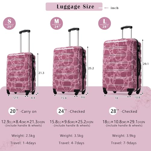 3-Piece Hardshell Spinner Luggage Set with TSA Lock - Lightweight & Durable PC Suitcases (20"+24"+28") | Summer-Inspired Print, Scratch-Resistant, Secure Zippers & Telescoping Handle (Pink Purple)2
