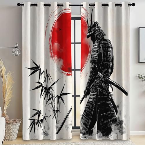 Cortina Opaca Luz con Ojales Estilo Japonés Guerreros Tradicionales Estampada para Sala de Estar Dormitorio Cocina decoración 70An x 145Al cm (2 Paneles) Cortinas térmicas de Microfibra Interiores
