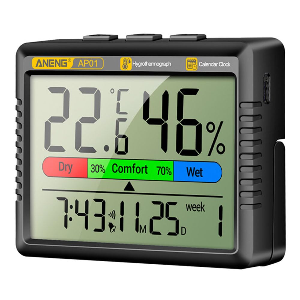 AP01 Battery Version Thermohygrometer Electronic Clock Multiscene Measurement High Definition Screen Digital Air Thermometer Hygrometer - Black