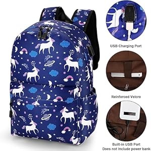Scione cute school backpack for girls teens school bag with usb charging port water resistant blue canvas bookbag preschool daypack elementary backbag back to shool supplies gifts for kids  urban country home decor