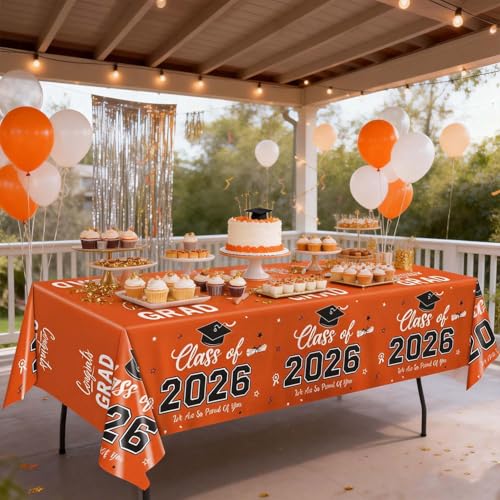 Image of Oigco Graduation Decorations Class of 2026, 2 Pack Orange Graduation Tablecloths, Congrats Grad Plastic Table Cloths for Graduation Party Decorations, 54 x 108 Inch