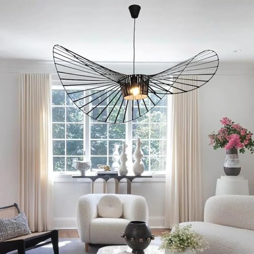 Image of Modern Black Woven Chandelier, 62.99 inch Farmhouse Coastal Hat Pendant Light Fixtures Matte Black Handwoven Shade Boho Pendant Hanging Lamp for Kitchen Dining Room Bedroom Foyer Hallway