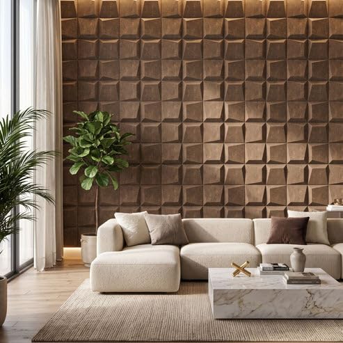 Image of Kayra Decor 3D PVC Wall Panels for Bedroom & Living Room | Cube Design | Magnum Brown Color | 19.7 x 19.7 Inch | Pack of 12 | 32.28 Sq Ft