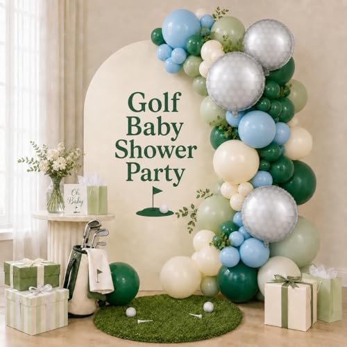 Image of Golf Party Balloons, 12 Inch Retro Blue Dark Light Green and White Latex Balloons with 18 Inch Round Golf Ball Foil Helium Balloon for Hole-in-One Sports Team Club Boys Men Birthdays Retirement Decor