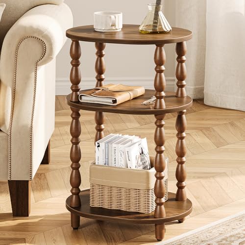 Yoobure 3-Tier Small Side Table - Oval End Table with Vintage Spindle Legs Accent Night Stand with Storage Shelf for Narrow Spaces Wood Nightstand Bedside Table for Living Room Bedroom Walnut