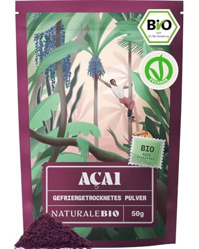 NaturaleBio Acai Pulver 50 g gefriergetrocknetes Acai-Beeren Pulver (Freeze-Dried) aus Brasilien - Getrocknete Rohkost aus der Acai-Frucht, ideal für Smoothies und Gesundheitsdrinks