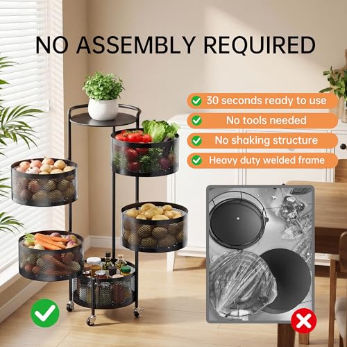 Image of JAQ No Assembly Rotating Kitchen Storage Rack, 5-Tier Metal Basket Organizer with Wheels, Large Capacity Vertical Storage Cart for Fruit Vegetable Pantry, Potato Onion Organizer, Black
