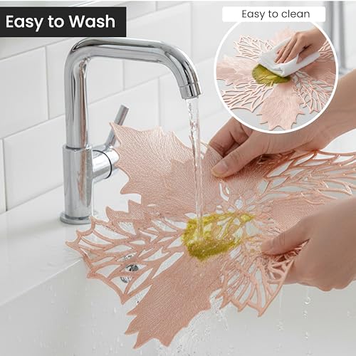 Image of Yellow Weaves 2 Pcs PVC Botanical Star Design Table Placemat, Dining Table Mat, Anti-Skid, Washable, Dining, Kitchen, Restaurant Table Set Easy to Clean, Durable (Rose Gold)