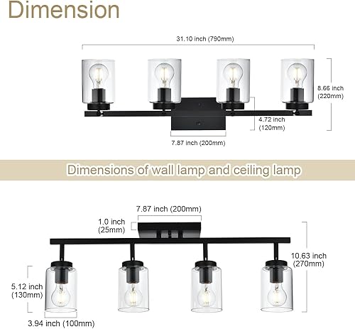 Miniatura 4 de VINLUZ - Lámpara de tocador de 4 luces con pantalla de vidrio transparente, multidireccional, giratoria, de metal, con cabezales de riel ajustables