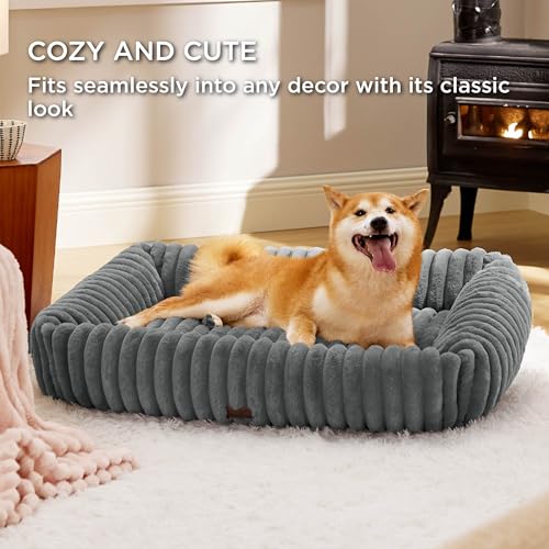 Image of Bedsure ComfyFleece Cute Dog Beds Large Sized Dog Washable，36in Warm Grey | Furry Big Square Pet Beds, Washable Aesthetic,Orthopedic Corduroy Fleece,Removable Zipper Cover,Non-Slip Bottom,Up to 60 Lbs