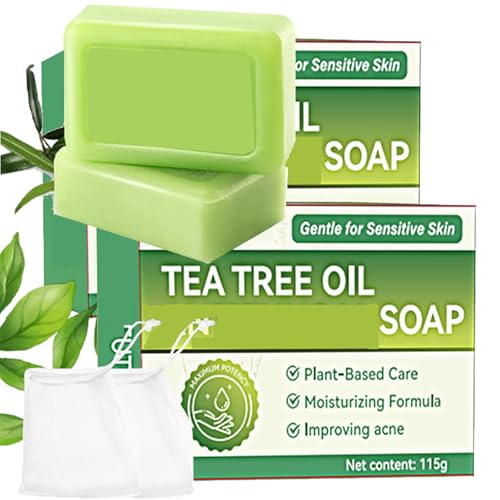 Tea Tree Oil Soap with Soap Saver Bag,2PCS Natural Foot & Body Soaps with Coconut Oil, Honey, Shea Butter & Vitamin E for Women & Men- Plant-Based, Moisturizing for Healthy Skin, 115g