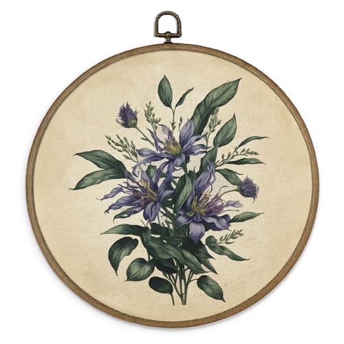 MAQIKA Retro Purple Floral Plant Framed Wall Art Decor, Vintage Botanical Print, Wildflower Round Wall Hanging Decor, Purple Flower Canvas Prints Wall Art for Bedroom Kitchen Dorm Room, 10x10 Inch