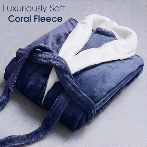 Unisex SPA & Shower Bathrobe – Ultra-Soft 280GSM Flannel Fleece Robe for Women & Men, Lightweight Plush Lounge Robe with Pockets – Blue with White Collar2