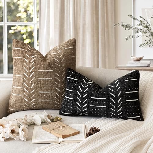 Image of Foindtower Set of 2 Decorative Chenille Jacquard Throw Pillow Covers Textured Farmhouse Lumbar Cushion Covers Neutral Boho Accent Home Decor for Sofa Chair Couch Bedroom Living Room,12x20 Inch,Black