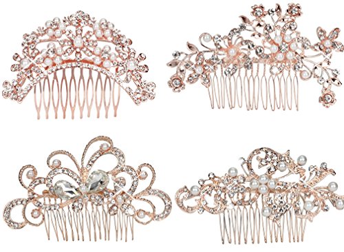 Pack of 4 Bridal Wedding Hair Comb Overtone Rose Gold Crystal Rhinestones Pearls Women Hair Side Combs Bridal Head Pin Headpiece