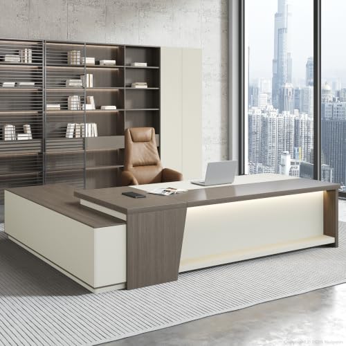 79-Inch L Shaped Executive Desk with Drawers, Large Modern Office Desk with Storage Shelves, LED Lighting, Built-in Power Outlet & USB Ports, Home Office Desk, Smoked Oak & Cream White, Right Return