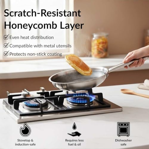 Image of Nestasia Triply Stainless Steel Honeycomb Fry Pan with Glass Lid 24 cm (1.75L) - Non Stick Frying Pan with Air Vent Lid for Healthy Cooking | Induction & Gas Stove Friendly, Even Heating, Less Oil Use