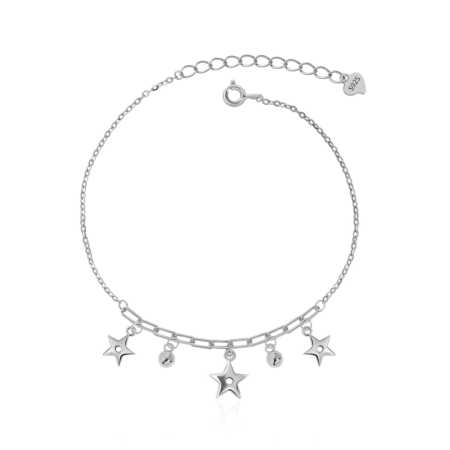 Meissa Cavigliera in argento sterling per donne Cavigliera cubana impermeabile con stelle e palline Bracciali alla caviglia Gioielli estivi da spiaggia, Argento