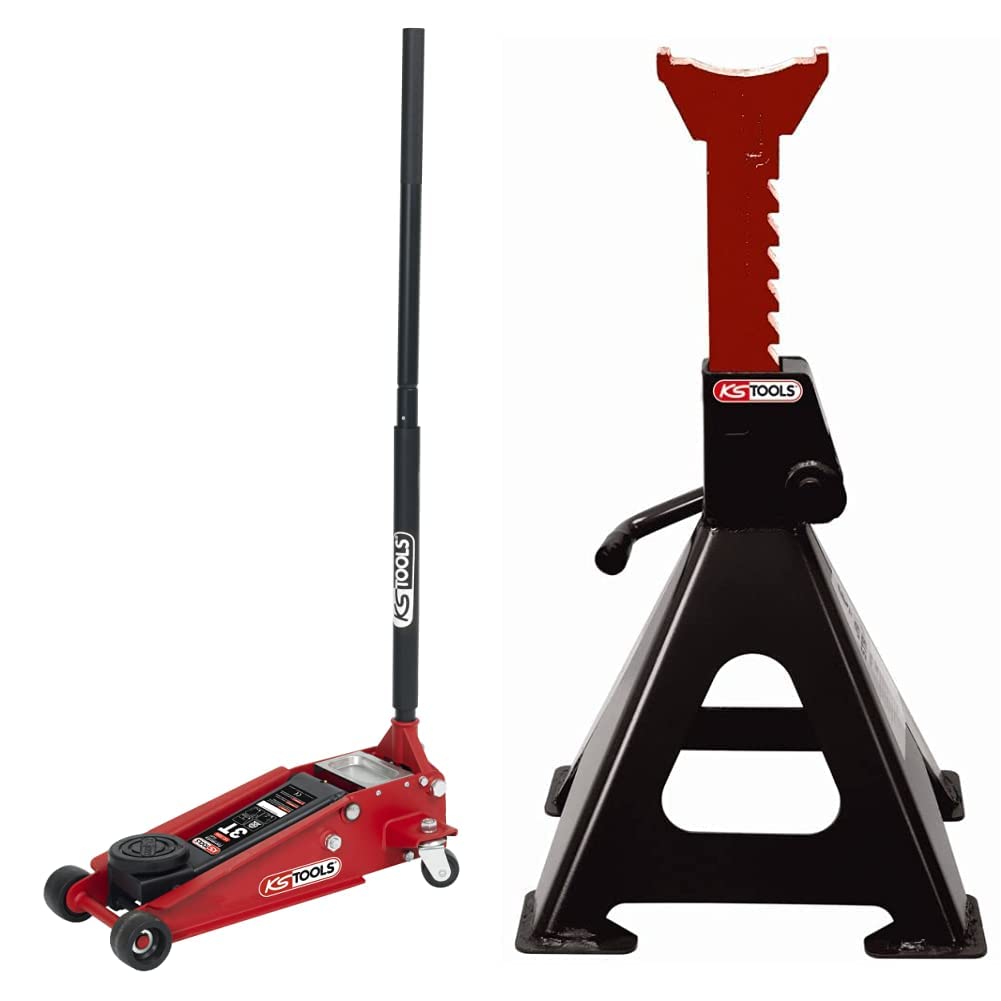 KS TOOLS 161.0366 - Cric Hydraulique 3 Tonnes - en Acier de Notre Gamme Formula Lift 3T - Cric Rouleur avec 2 Roues Directionnelles - Rouge et Noir & Chandelles à Crémaillère, 6 Tonnes - Lot de 2