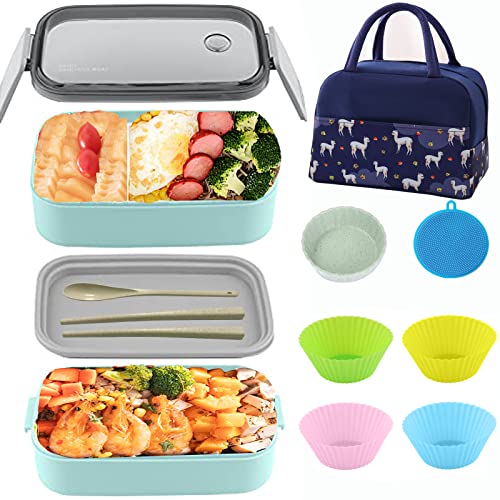 Bento Box for Kids Adults, All-in-One Reusable Japanese Lunch Box, 1600ML Meal Prep Container with Bag, BPA-free Stackable Food Storage Divided Containers with Utensil Set(Green)…