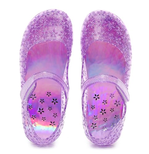 Image of Princess Dress Sandals Jelly Shoes for Toddler Girls Size 8, Blue Bird Nest Layered Lines Mary Jane Flats Childrens Clear Glitter with Hollow-Carved
