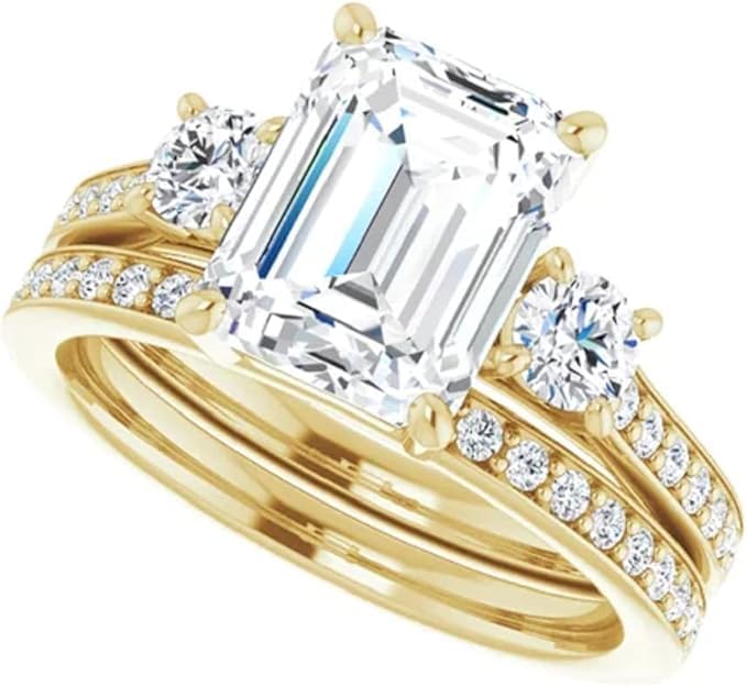 Miniatura 2 de 10K14K18K Solid Yellow Gold Handmade Engagement Ring, 2.5 CT Emerald Cut Moissanite Solitaire Ring, Diamond Wedding Ring Set for WomenHer,