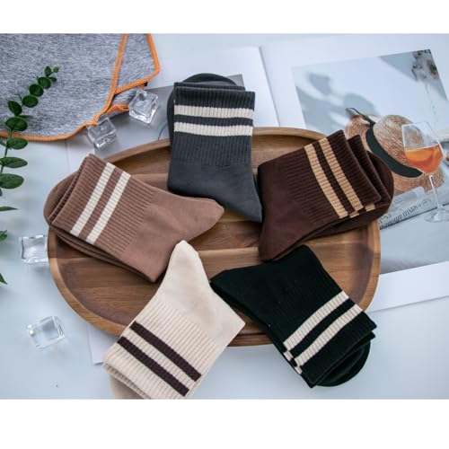 Image of Deeorla Womens Striped Crew Socks Brown Vintage Retro Athletic Socks 5 Pairs