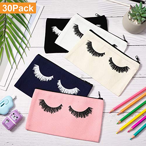 Weewooday 30 Pieces Eyelash Makeup Bags Canvas Makeup Bags Eyelash Cosmetic Bags Travel Make up Pouches with Zipper for Women, 5 Colors (7.1 x 4.3 Inch)2