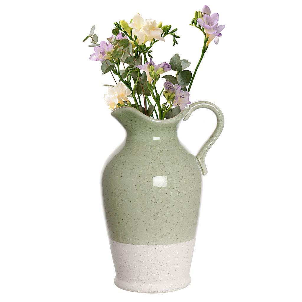 Green & White Flower Vase Pitcher Jug Vase Water Tight Decorative Earthenware Ceramic Table Centrepiece Décor Gift Idea