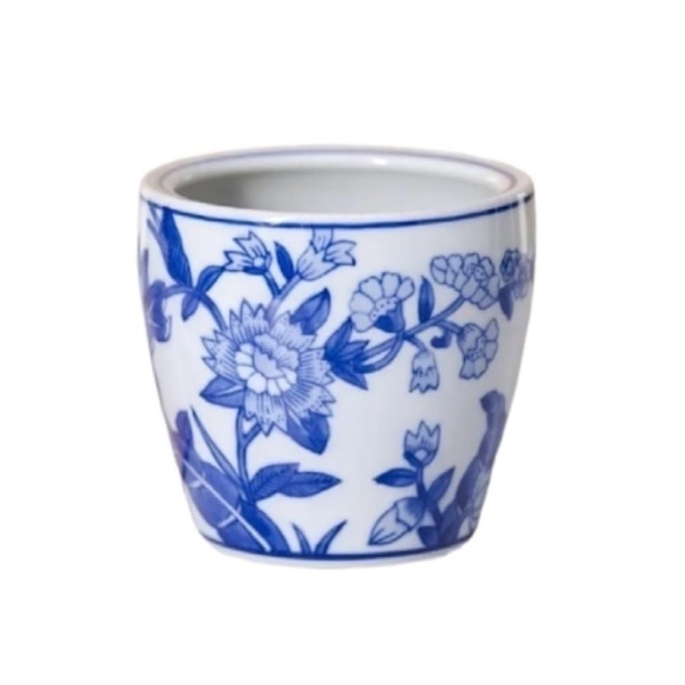 Vaso da fiori in ceramica porcellana blu e bianca, piccola fioriera a motivi floreali con fori di drenaggio, ornamento for balcone da tavolo for interni ed esterni