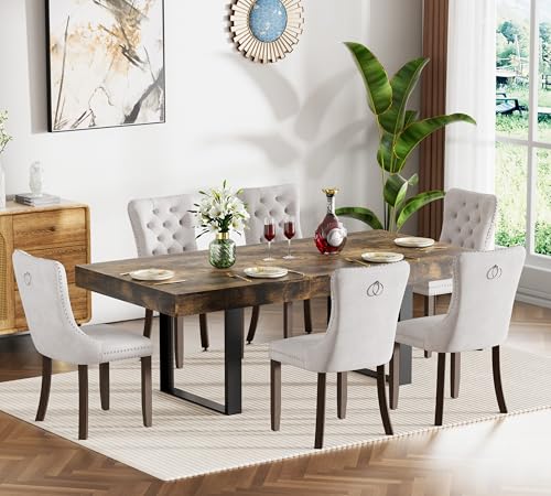 Image of Rustic Brown Dining Room Table Set for 6, 7-Piece 63 inch-78.74 inch Extendable Dining Table Set with 6 Upholstered Chairs, Rectangle Wooden Expanding Kitchen Table and Beige Chairs Set