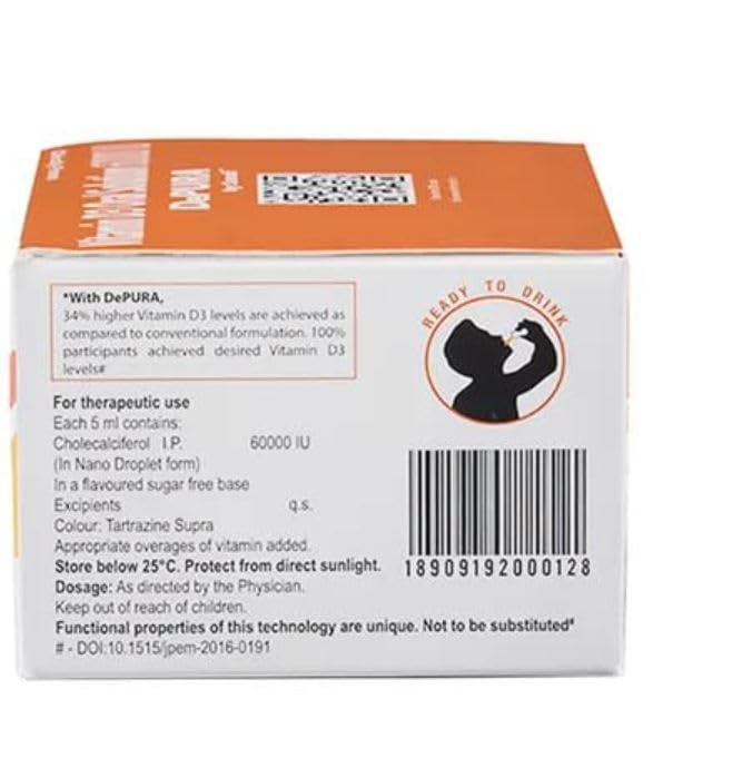 Image of DePURA Vitamin D3 Oral Solution 60000 IU | Cholecalciferol 60000 IU Vitamin D3 Nano Shots | Clinically Proven | 34% Better Absorption | Sugar Free - 5ml Ready to Drink Shots