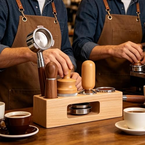 Base organizadora de madera para portafiltro con estación de apisonamiento de café expreso 4