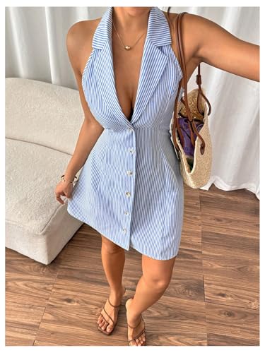 Image of WDIRARA Women's Striped Button Front Sleeveless Halter Dress Lapel Neck Tie Backless A Line Dresses Blue Medium