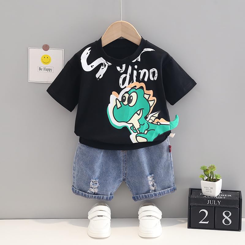 Image of Googo Gaaga Cotton T-shirt with Bottom Folded Denim Shorts - Clothing Set for Baby Boys | Toddlers | Half Sleeves | Cute Dinosaur Cartoon Printed | Round Neck | Dress for Kids