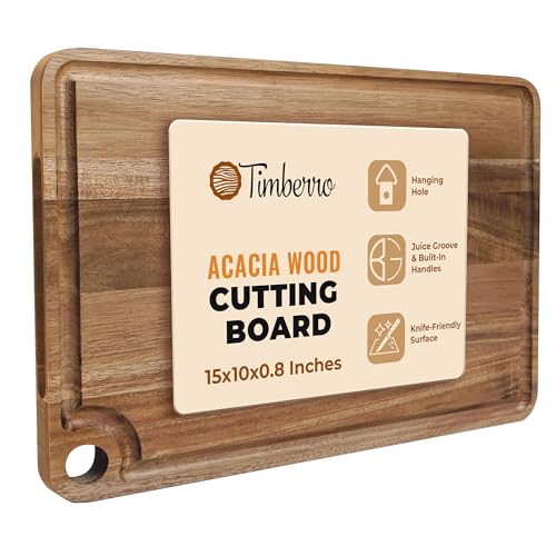 Timberro Acacia Wood Cutting Board (15x10x0.8 In.) - Solid Organic Wooden Meat Boards for Kitchen...