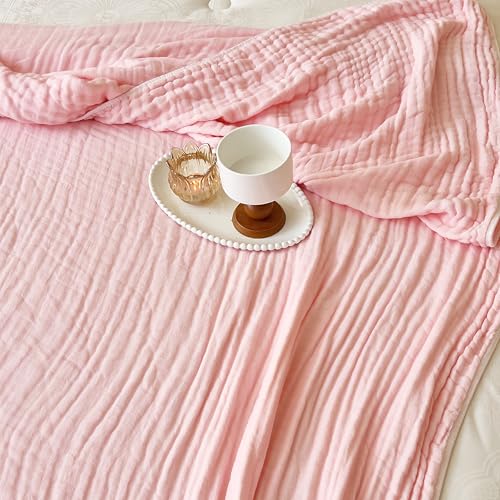 Image of 100% Cotton Muslin Blanket Queen 6-Layer Gauze Pink Bed Blanket Lightweight Soft and Breathable Blanket for Sofa Couch Coverlet Farmhouse Decor Both Sides