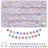 Amaney 1400pcs Colorful Letter Beads 4x7mm Alphabet A-Z Heart White Flat Round Acrylic Beads and Crystal Line for Jewelry Making Bracelets Necklaces Key Chains (Colorful Heart)