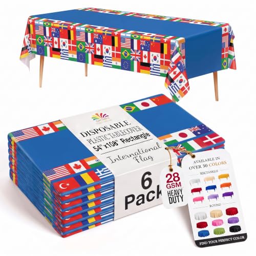 Image of Exquisite International Flag Table Cover 6 Pack 54 in. x 108 in. Rectangle Plastic Tablecloth Disposable Table Covers for Soccer World Cup Sports Nations Olympics Football Party Supplies Decorati